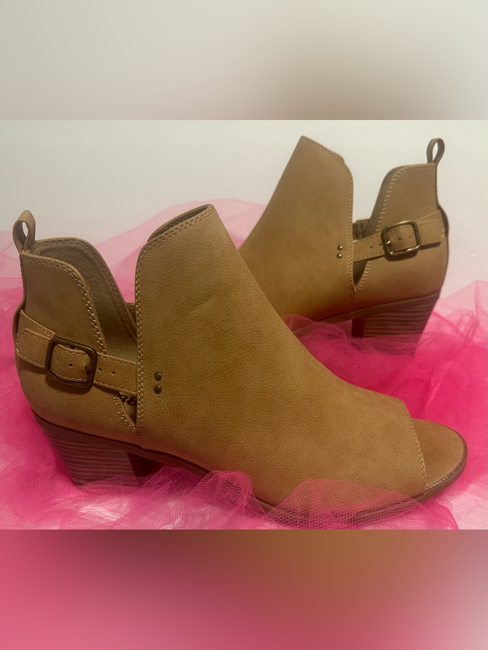Women’s Tan Open-Toe Ankle Booties with Buckle